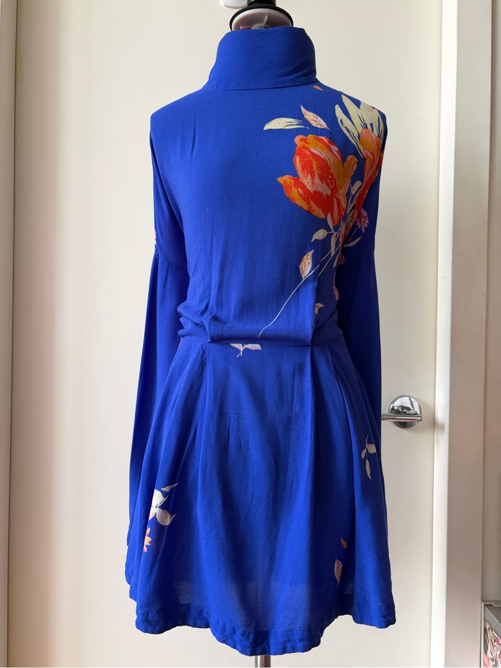 Free People Cobalt Blue Floral Turtleneck Long-Sleeve Tunic Dress XS S